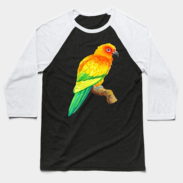 Sun Conure Parrot Watercolor Baseball T-Shirt by IvyLilyArt